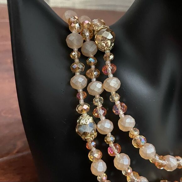 Crystal Cream Light Brown & Clear Mid Century Modern Style Multi Strand Necklace - Picture 3 of 9